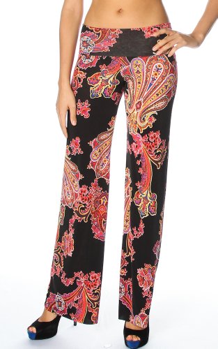 Pink Paiysley Print High Waist Fold Over Wide Leg Silky Palazo Pants (Medium, Black)